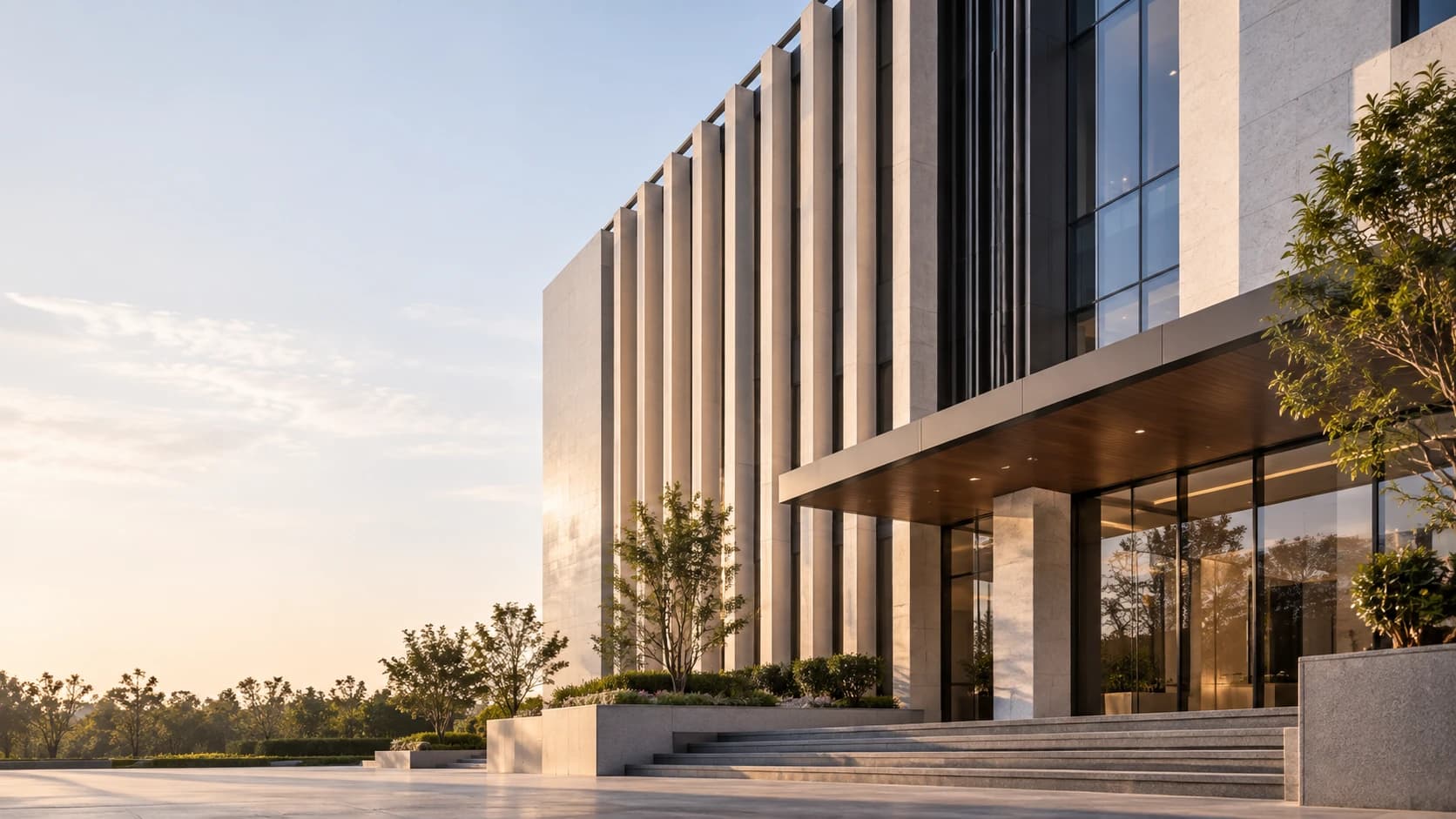 Illustrative modern corporate building at sunrise