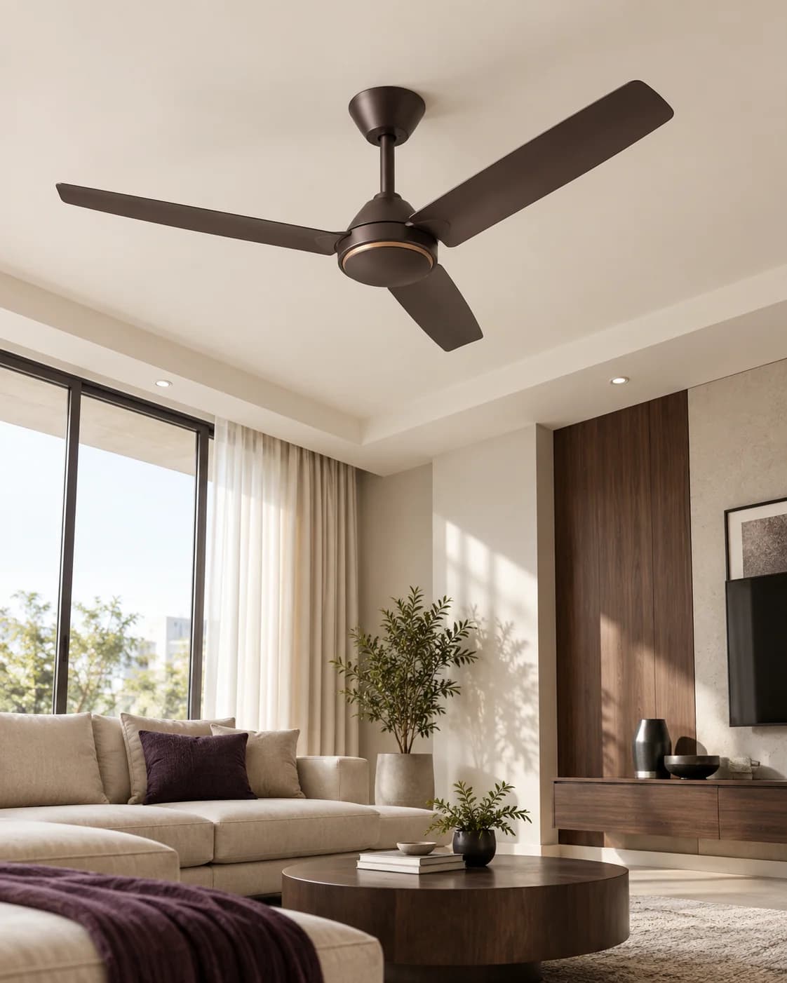 Ceiling fan in a softly lit contemporary living room, editorial imagery