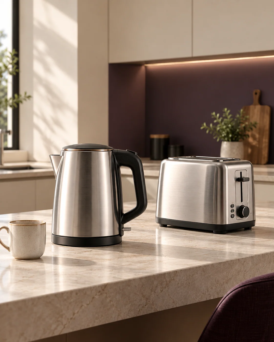 Editorial kitchen setting with stainless-steel appliances and warm plum accents