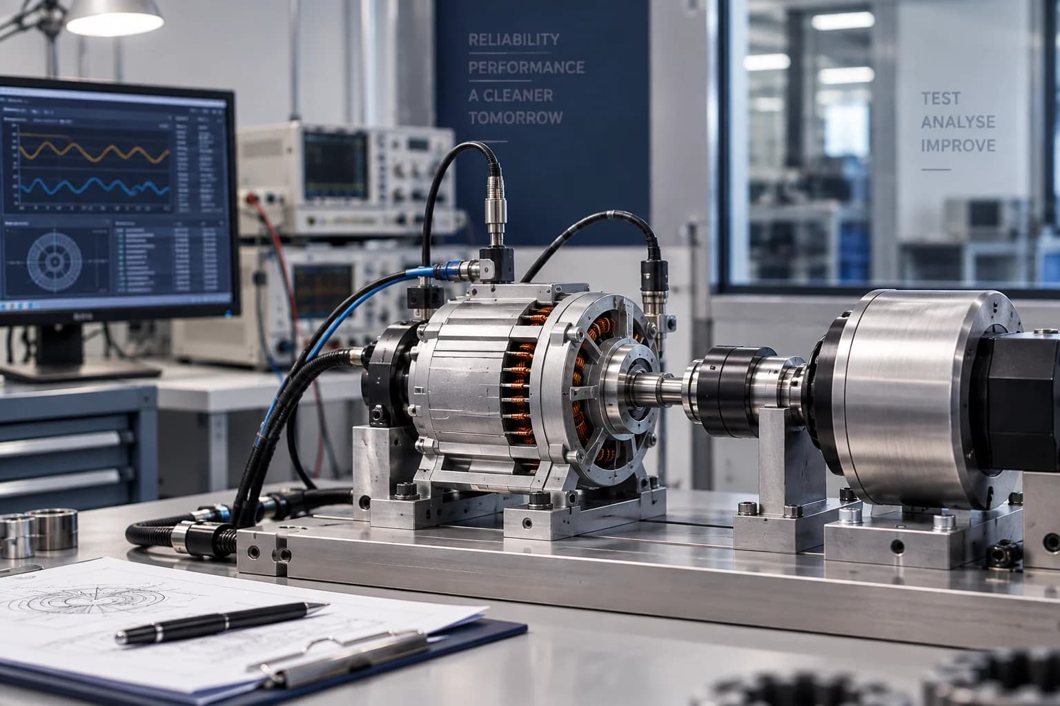 Illustrative visual of electrical equipment on a testing bench