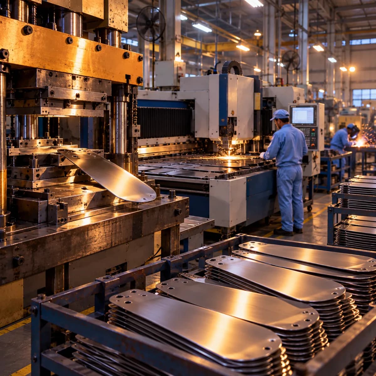 An illustrative image of a press and CNC machinery used in component production