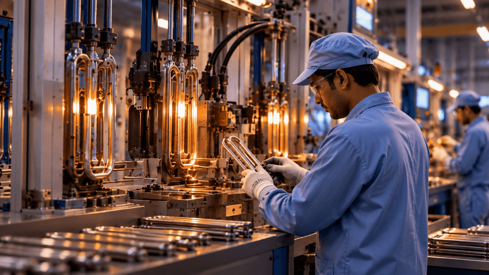 A technician inspecting a heating element beside production machinery