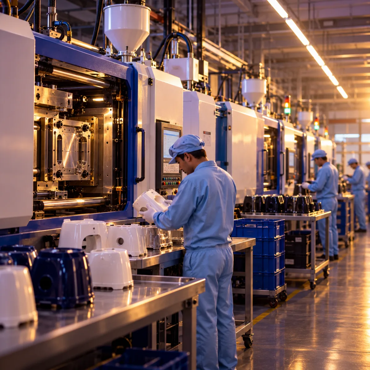 An illustrative image of technicians beside injection moulding machines and freshly moulded appliance housings