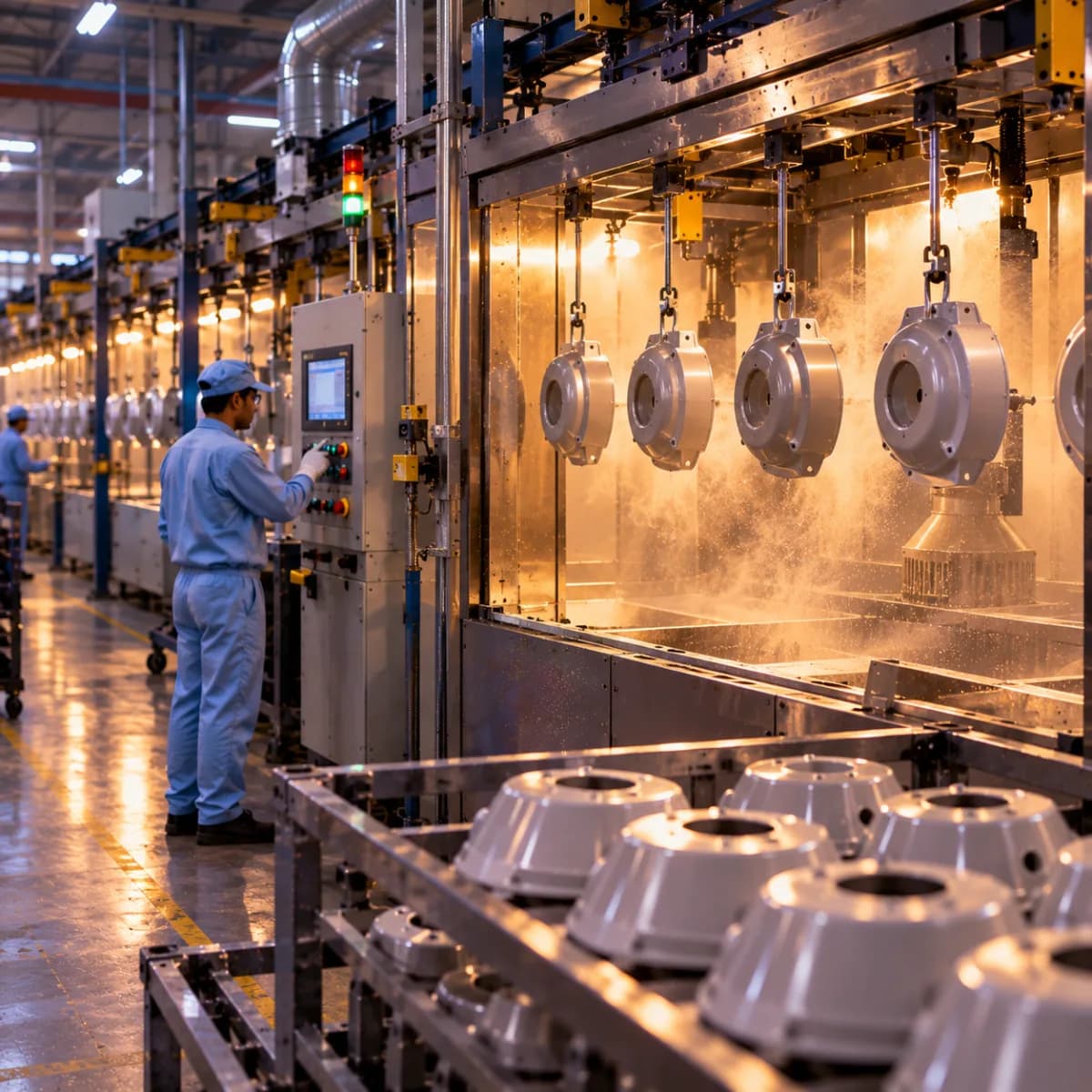 An illustrative image of metal parts moving through a sand blasting and powder coating line