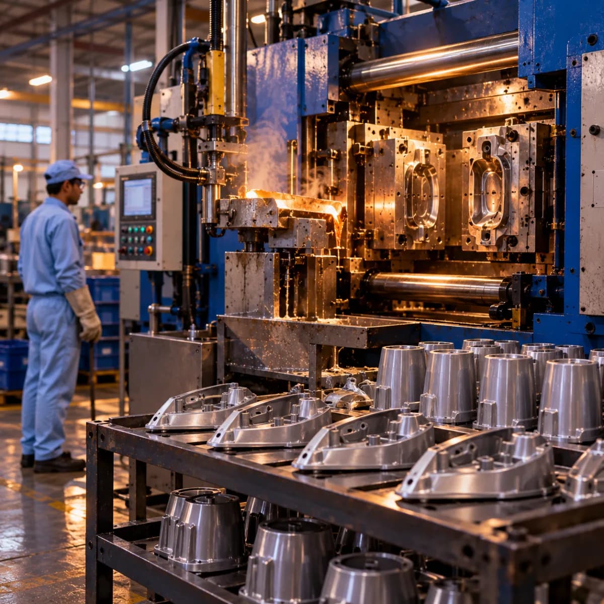 An illustrative image of a pressure die casting machine with cast aluminium appliance parts