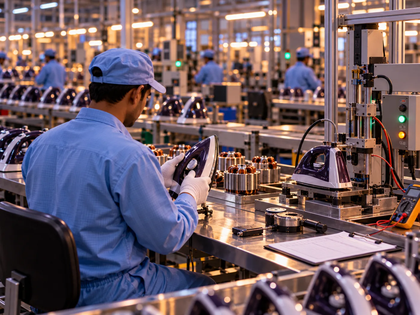 An illustrative image of a technician inspecting a steam iron at a quality-control test bench