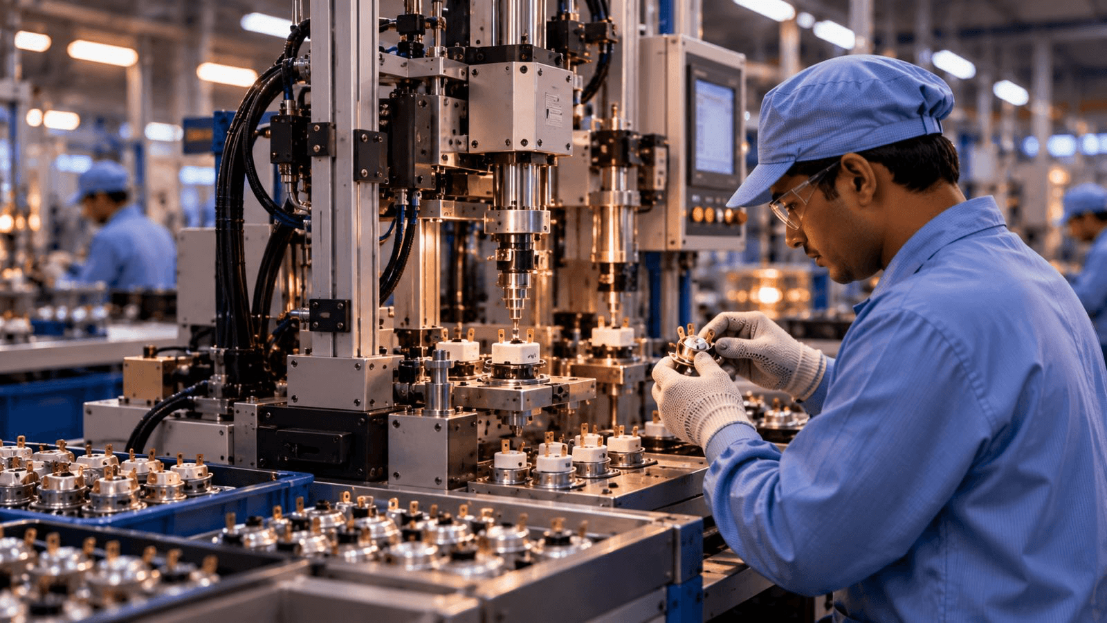 A technician inspecting a thermostat component on an assembly line