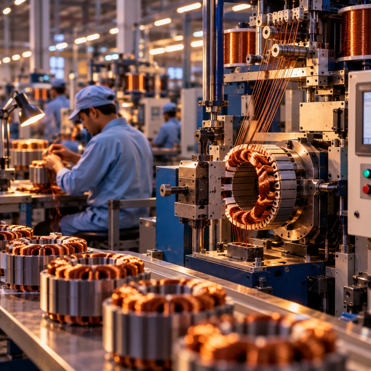 An illustrative image of copper wire being wound onto a motor stator, with technicians at winding stations